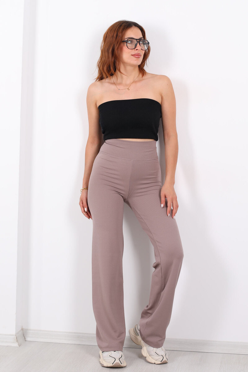 Bol Paça Fitilli Extra Yüksek Kemer Vizon Kadın Pantolon - 1