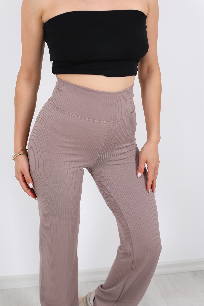 Bol Paça Fitilli Extra Yüksek Kemer Vizon Kadın Pantolon - 2