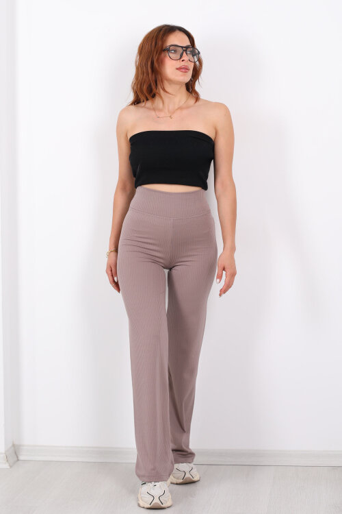 Bol Paça Fitilli Extra Yüksek Kemer Vizon Kadın Pantolon - 4