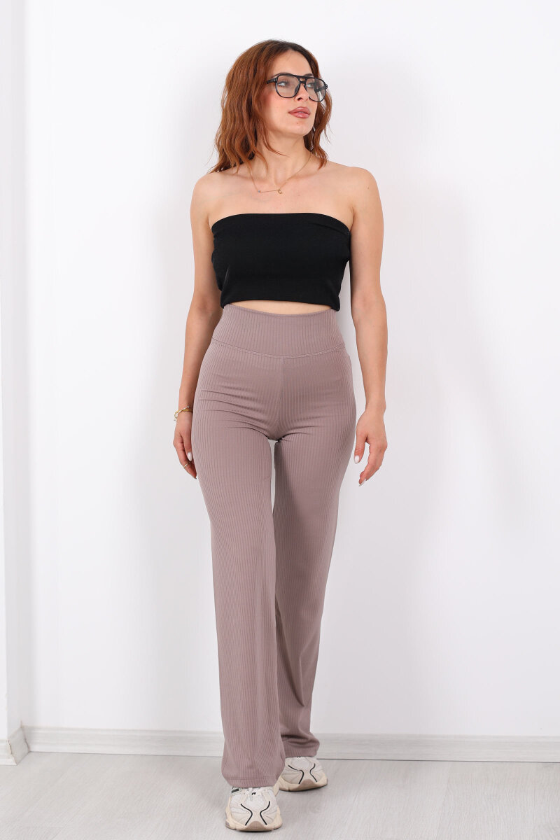 Bol Paça Fitilli Extra Yüksek Kemer Vizon Kadın Pantolon - 4