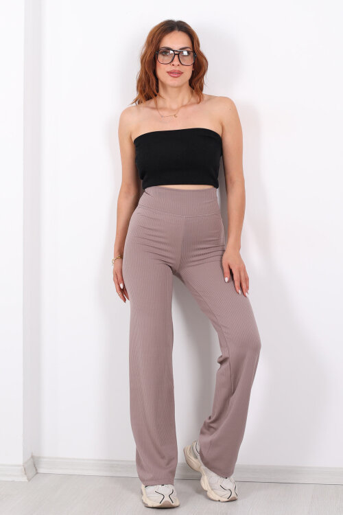 Bol Paça Fitilli Extra Yüksek Kemer Vizon Kadın Pantolon - 6