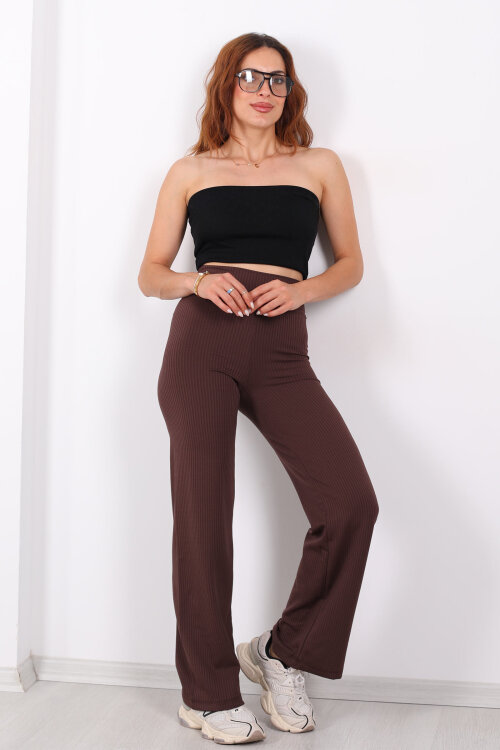 Bol Paça Fitilli Extra Yüksek Kemer Kahverengi Kadın Pantolon - 3