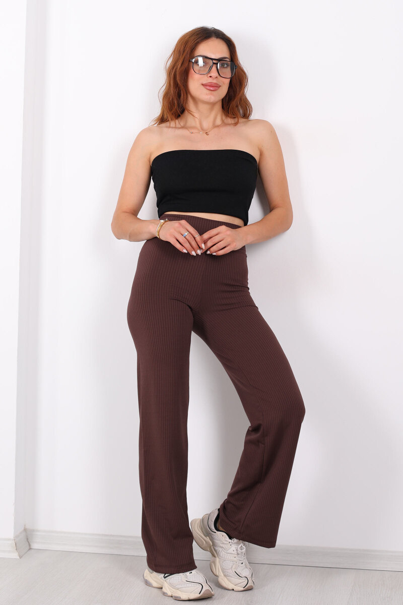 Bol Paça Fitilli Extra Yüksek Kemer Kahverengi Kadın Pantolon - 3