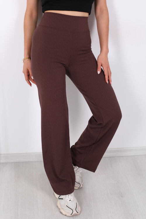 Bol Paça Fitilli Extra Yüksek Kemer Kahverengi Kadın Pantolon - Berox (1)