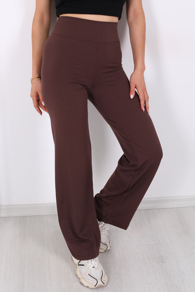 Bol Paça Fitilli Extra Yüksek Kemer Kahverengi Kadın Pantolon - 2