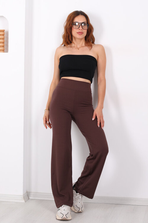 Bol Paça Fitilli Extra Yüksek Kemer Kahverengi Kadın Pantolon - 6