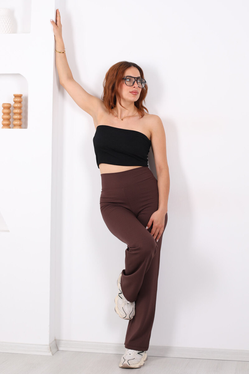 Bol Paça Fitilli Extra Yüksek Kemer Kahverengi Kadın Pantolon - 1