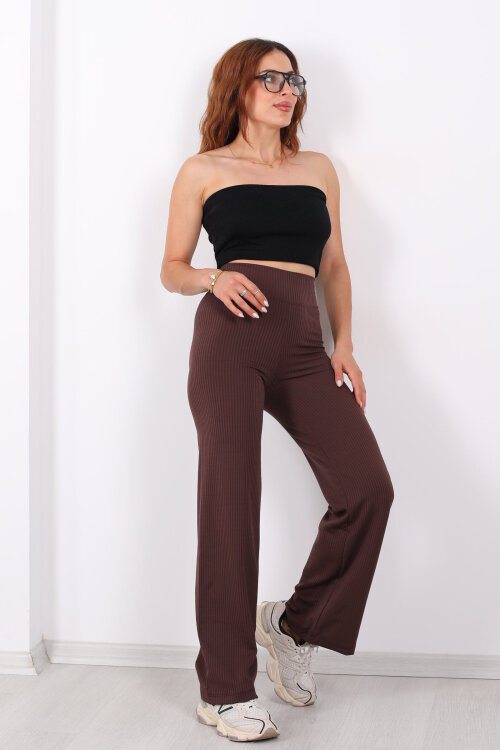 Bol Paça Fitilli Extra Yüksek Kemer Kahverengi Kadın Pantolon - 4