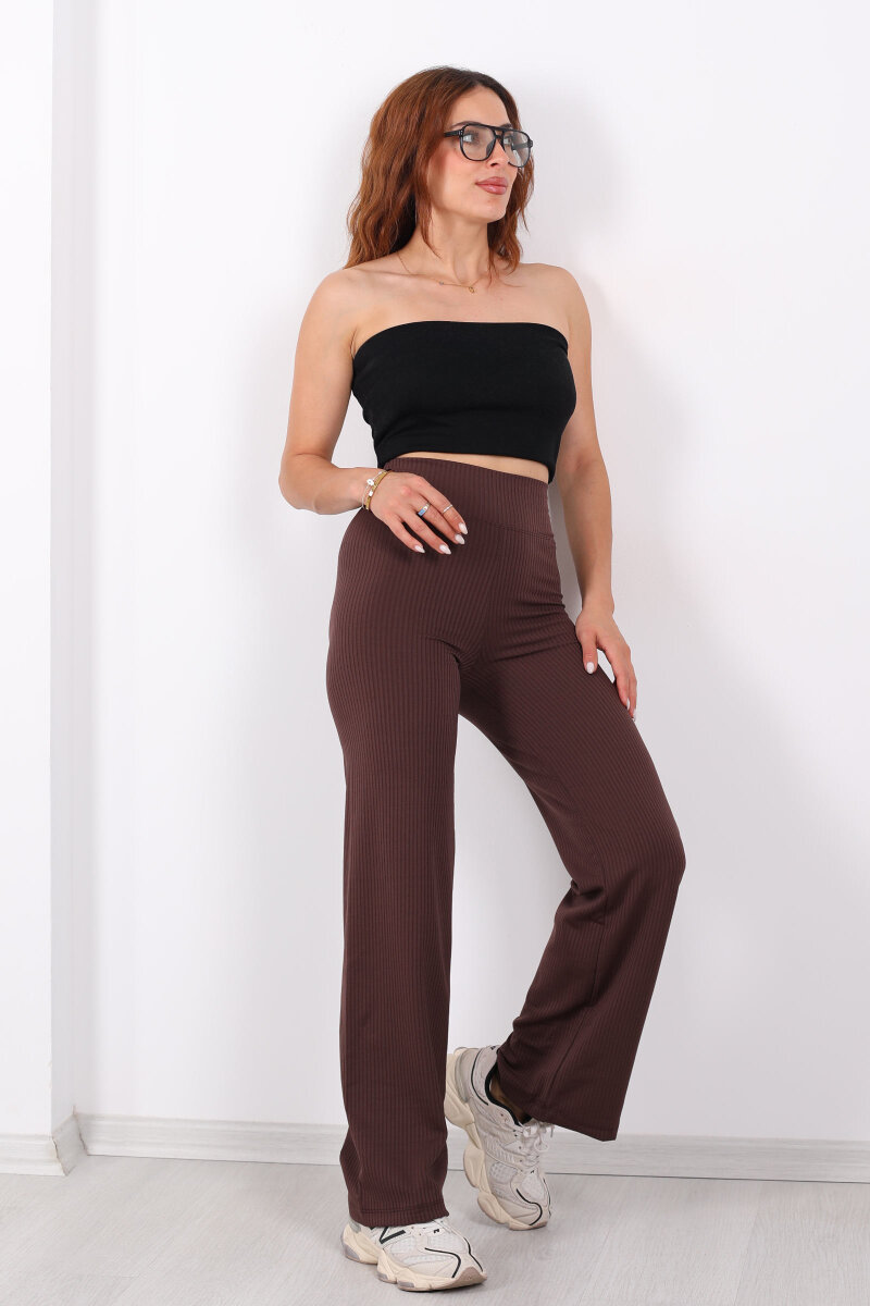 Bol Paça Fitilli Extra Yüksek Kemer Kahverengi Kadın Pantolon - 4