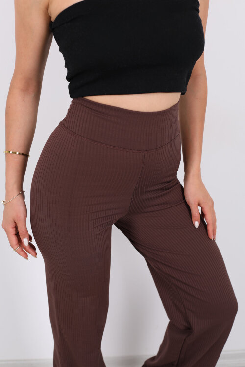 Bol Paça İçi Şardonlu Kadın Acı Kahve Fitilli Pantolon - Berox (1)