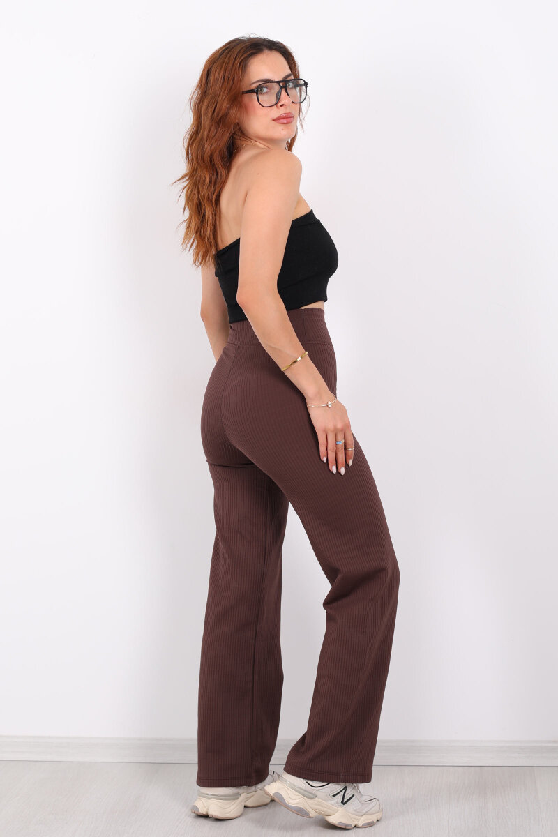 Bol Paça İçi Şardonlu Kadın Acı Kahve Fitilli Pantolon - 5