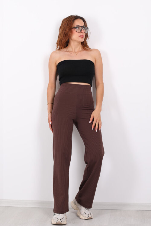 Bol Paça İçi Şardonlu Kadın Acı Kahve Fitilli Pantolon - 4