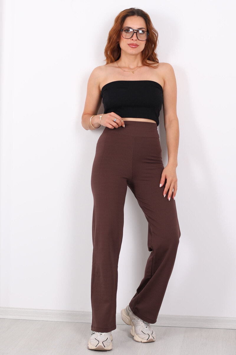 Bol Paça İçi Şardonlu Kadın Acı Kahve Fitilli Pantolon - 3