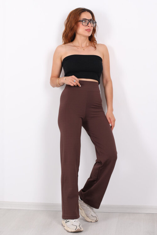 Bol Paça İçi Şardonlu Kadın Acı Kahve Fitilli Pantolon - 6