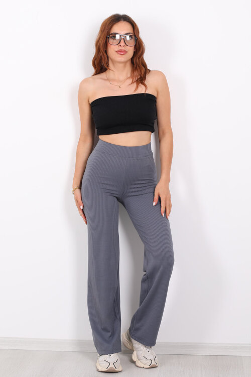 Bol Paça İçi Şardonlu Kadın Antrasit Fitilli Pantolon - 3