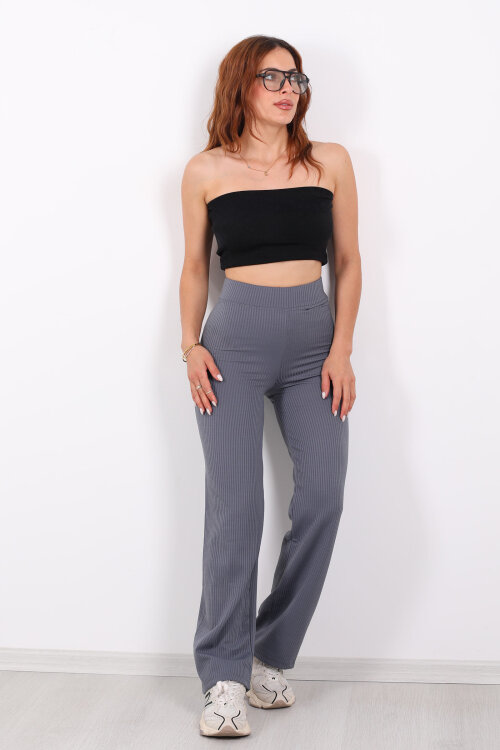 Bol Paça İçi Şardonlu Kadın Antrasit Fitilli Pantolon - 6