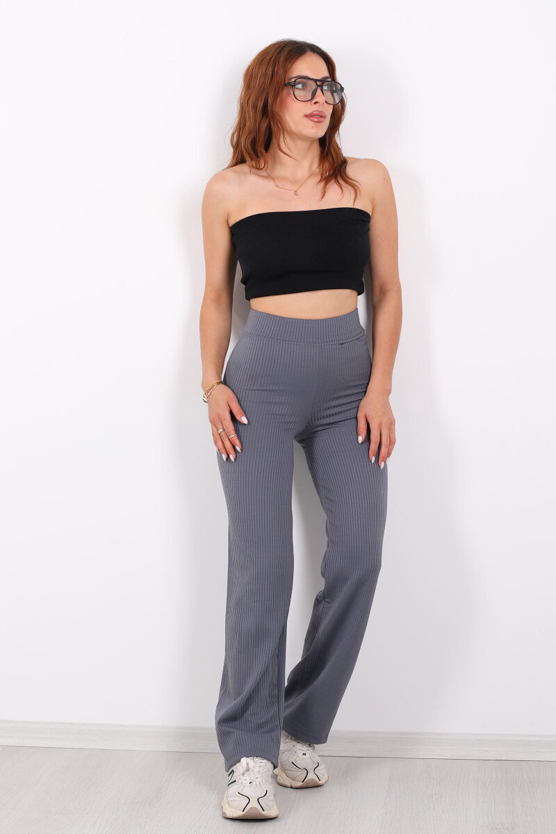 Bol Paça İçi Şardonlu Kadın Antrasit Fitilli Pantolon - 6