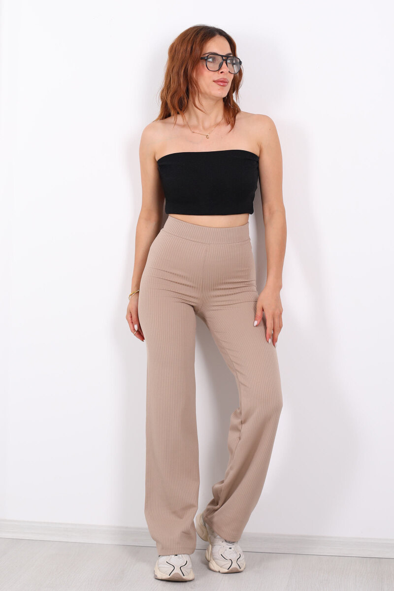 Bol Paça İçi Şardonlu Kadın Bej Fitilli Pantolon - 6