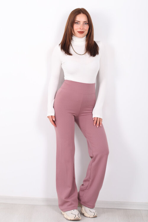 Bol Paça İçi Şardonlu Kadın Gül Kurusu Fitilli Pantolon - 6