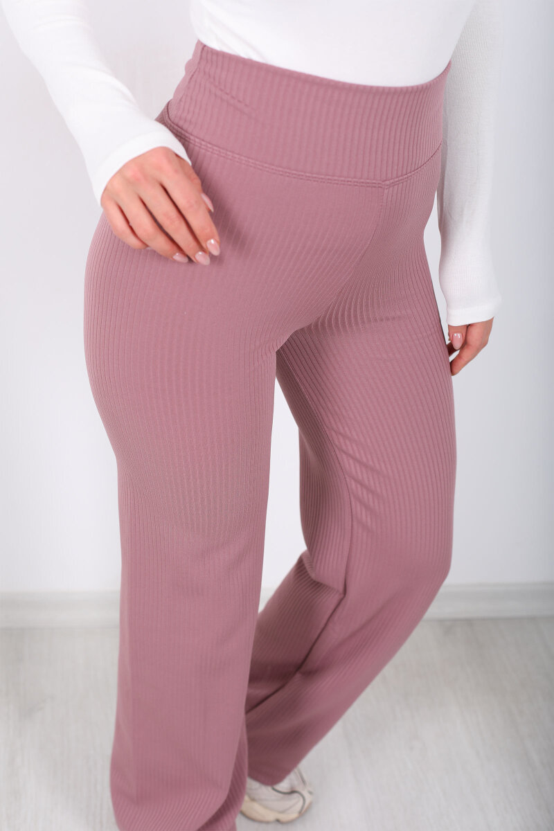 Bol Paça İçi Şardonlu Kadın Gül Kurusu Fitilli Pantolon - 2