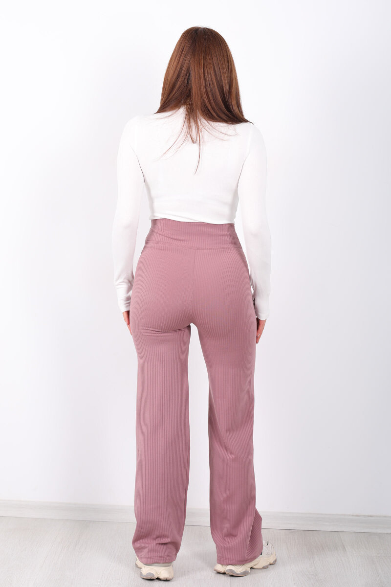 Bol Paça İçi Şardonlu Kadın Gül Kurusu Fitilli Pantolon - 5