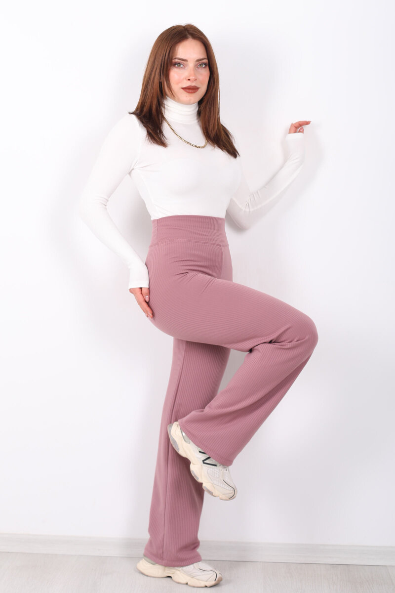 Bol Paça İçi Şardonlu Kadın Gül Kurusu Fitilli Pantolon - 4