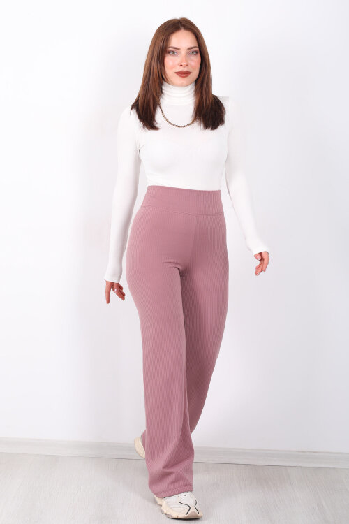 Bol Paça İçi Şardonlu Kadın Gül Kurusu Fitilli Pantolon - 3