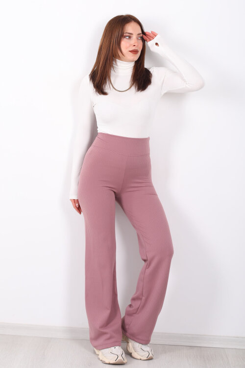 Bol Paça İçi Şardonlu Kadın Gül Kurusu Fitilli Pantolon - Berox