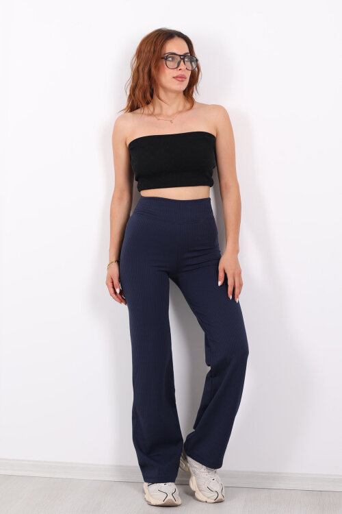 Bol Paça İçi Şardonlu Kadın Lacivert Fitilli Pantolon - 3