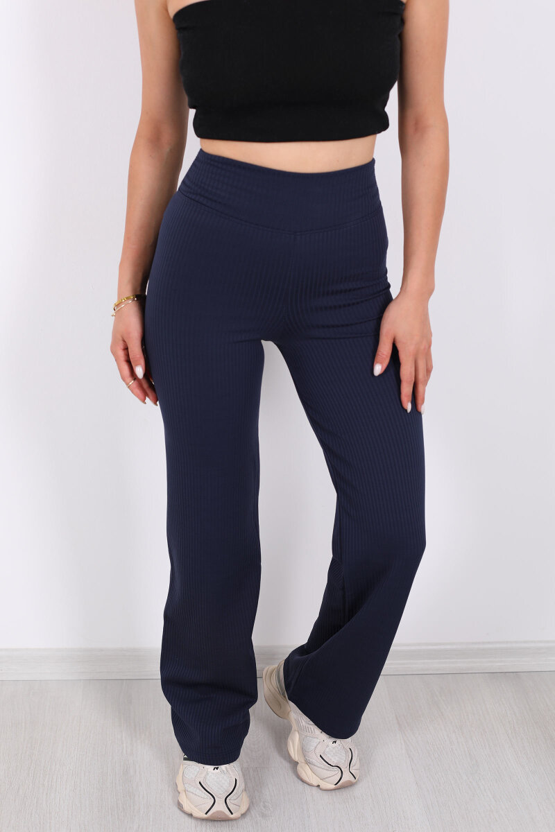 Bol Paça İçi Şardonlu Kadın Lacivert Fitilli Pantolon - 2