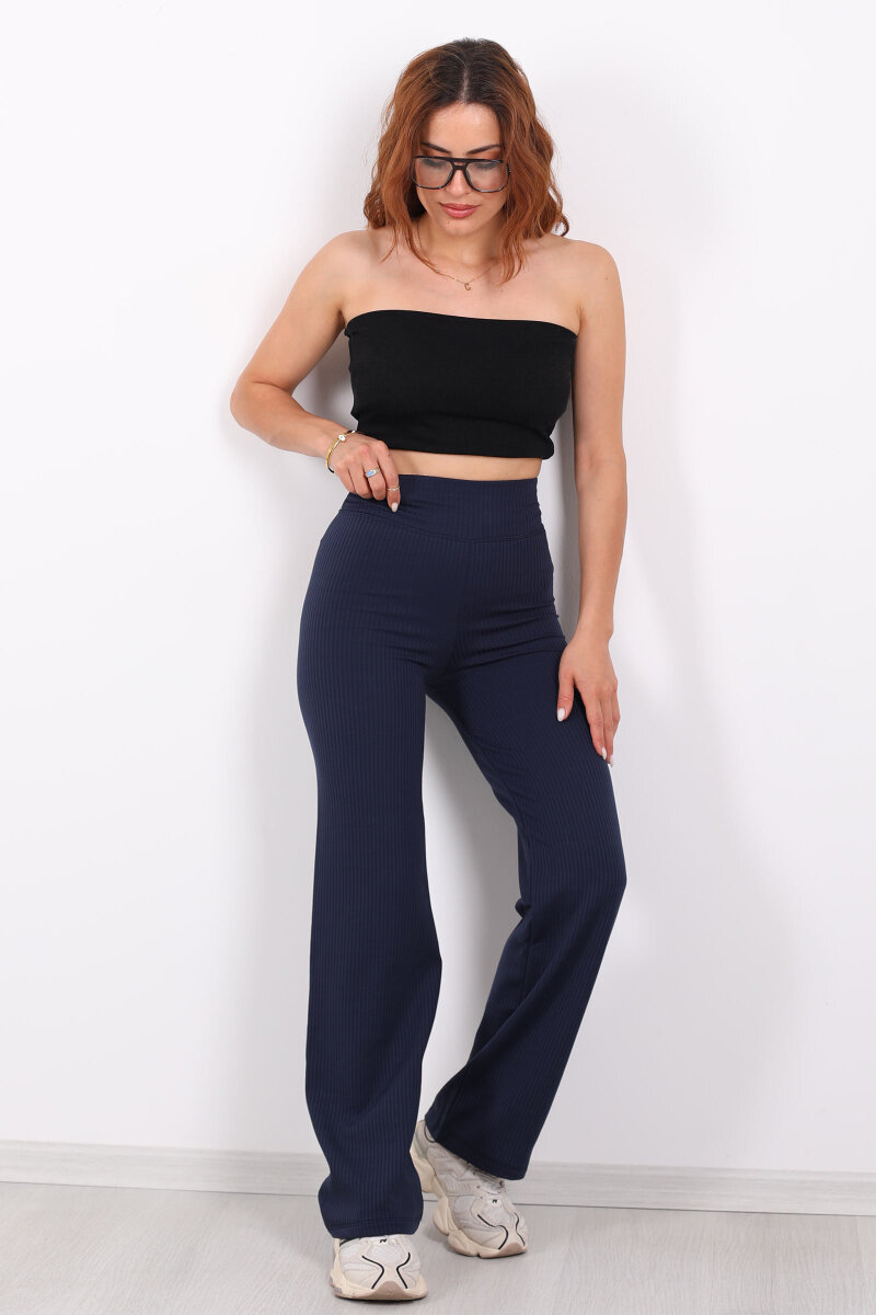 Bol Paça İçi Şardonlu Kadın Lacivert Fitilli Pantolon - 1