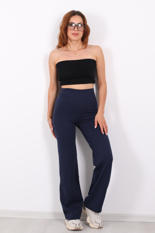 Bol Paça İçi Şardonlu Kadın Lacivert Fitilli Pantolon - 5