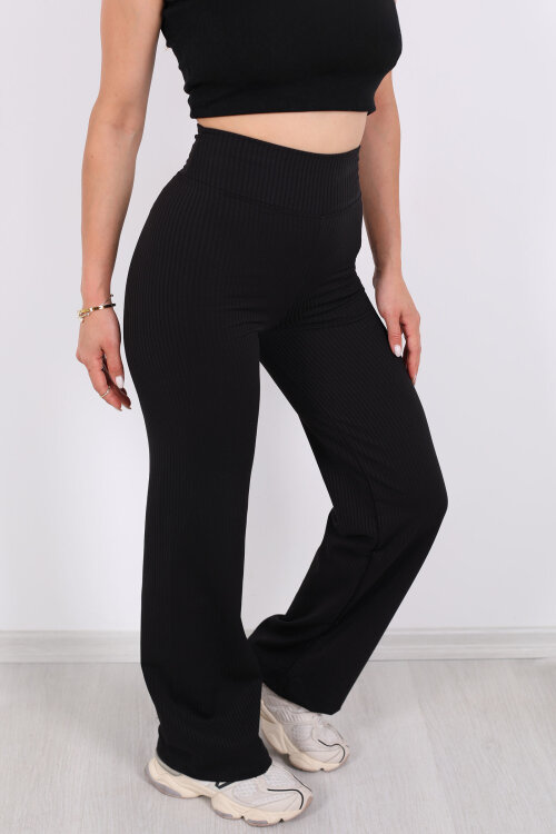 Bol Paça İçi Şardonlu Kadın Siyah Fitilli Pantolon - Berox (1)