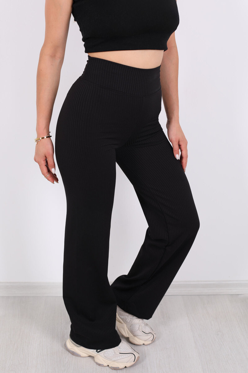 Bol Paça İçi Şardonlu Kadın Siyah Fitilli Pantolon - 2