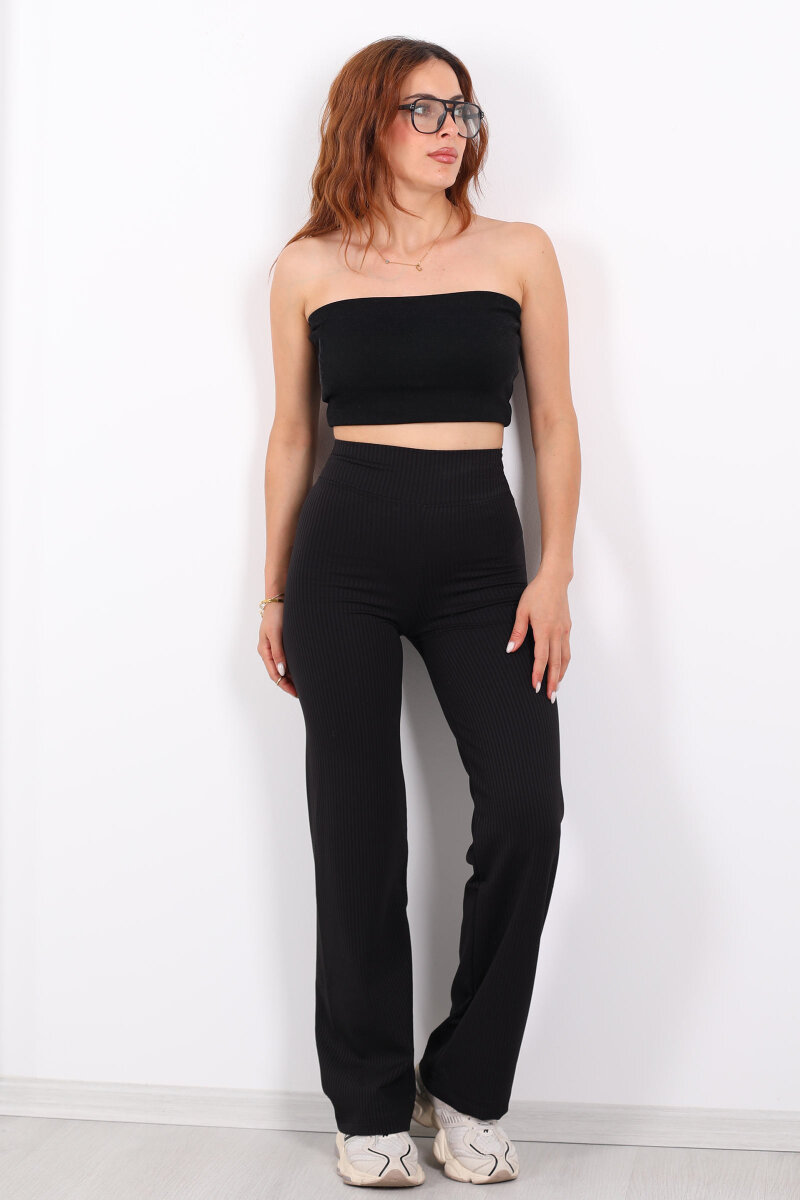 Bol Paça İçi Şardonlu Kadın Siyah Fitilli Pantolon - 4