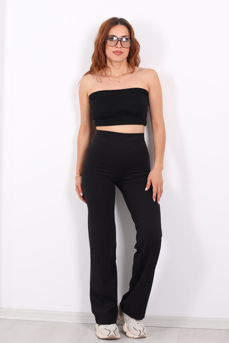 Bol Paça İçi Şardonlu Kadın Siyah Fitilli Pantolon - 6