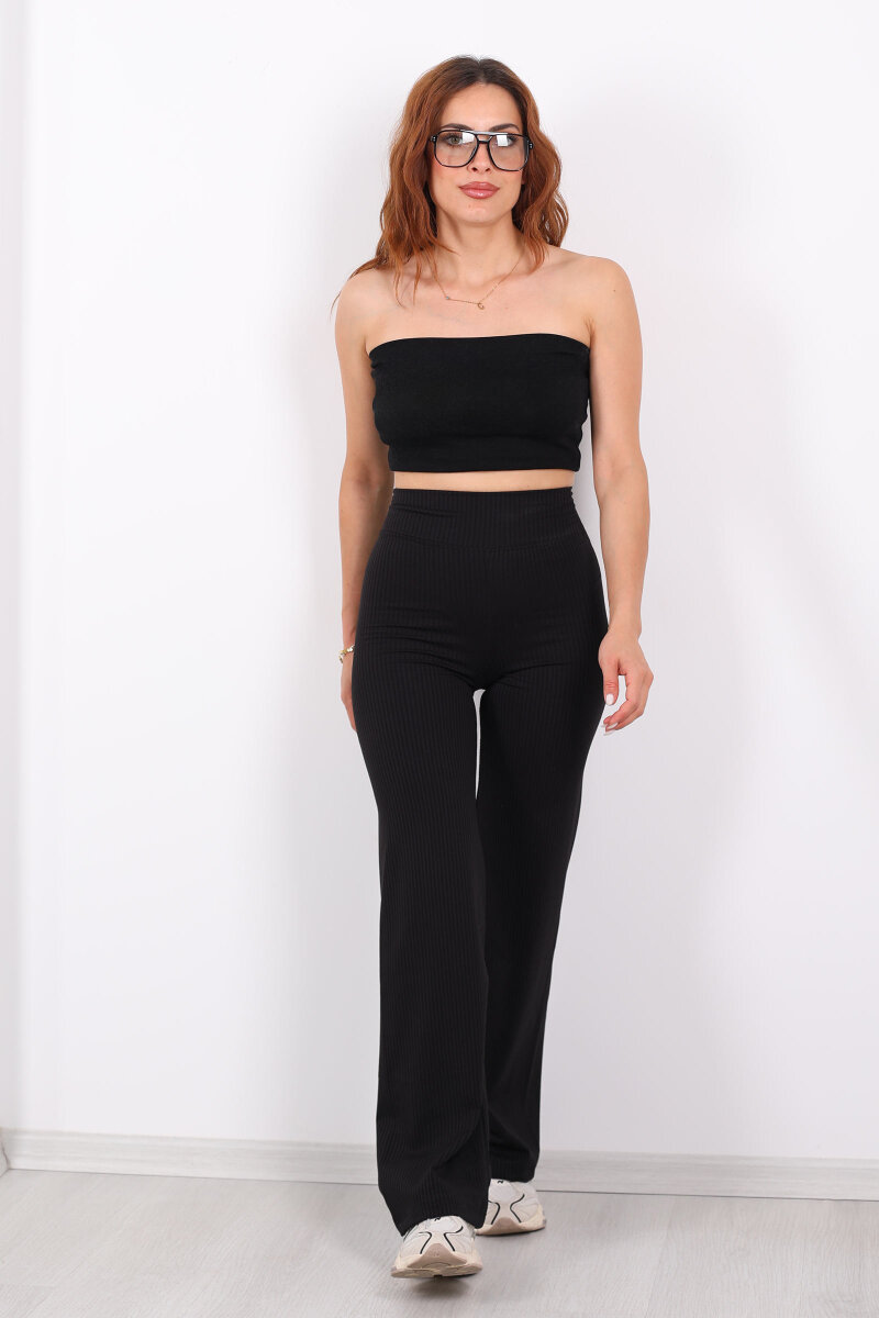 Bol Paça İçi Şardonlu Kadın Siyah Fitilli Pantolon - 3