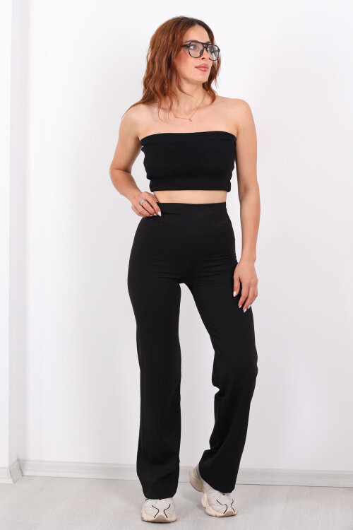 Bol Paça İçi Şardonlu Kadın Siyah Fitilli Pantolon - Berox