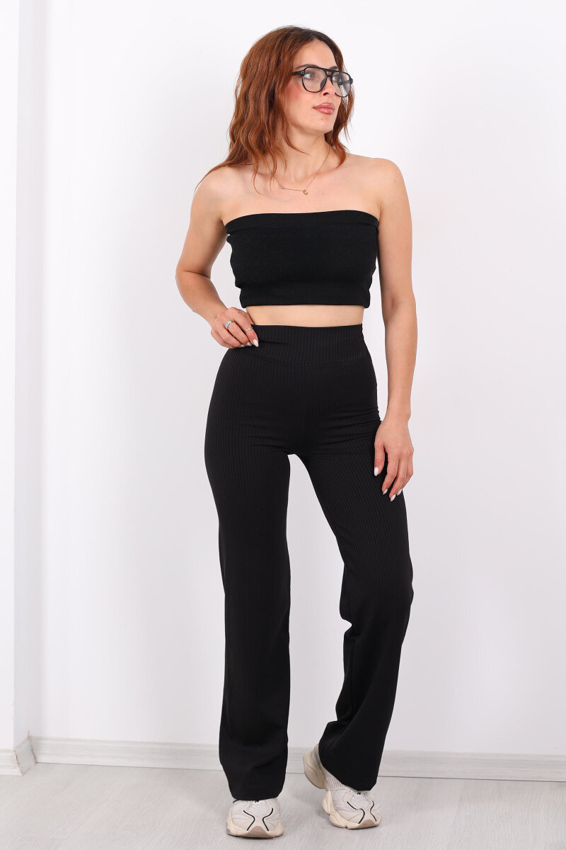 Bol Paça İçi Şardonlu Kadın Siyah Fitilli Pantolon - 1