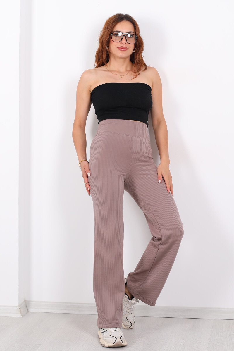 Bol Paça İçi Şardonlu Kadın Vizon Fitilli Pantolon - 3