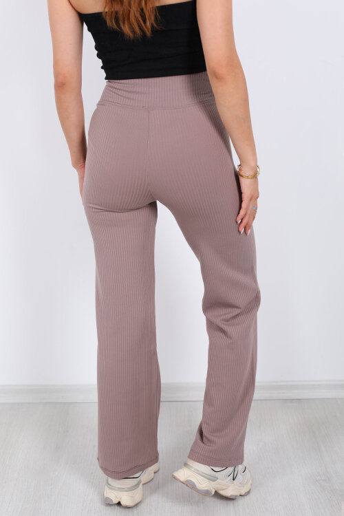 Bol Paça İçi Şardonlu Kadın Vizon Fitilli Pantolon - 5