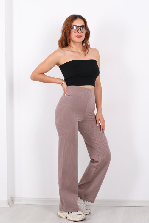 Bol Paça İçi Şardonlu Kadın Vizon Fitilli Pantolon - 4