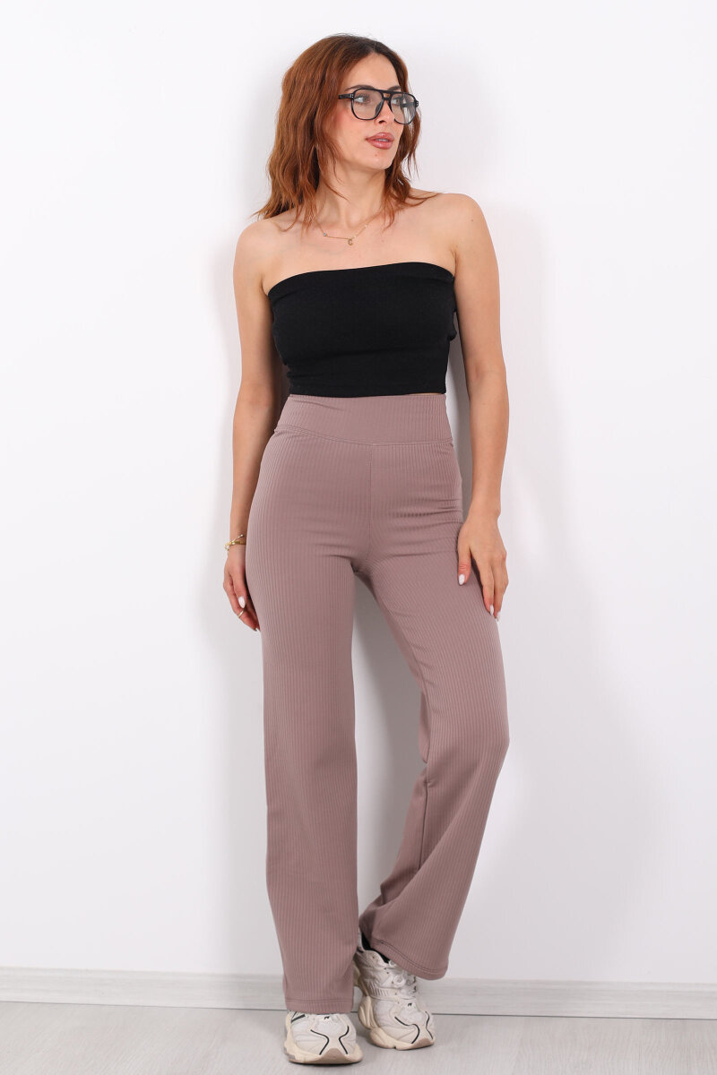 Bol Paça İçi Şardonlu Kadın Vizon Fitilli Pantolon - 6