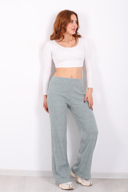 Bol Paça Kadın Haki Örme Pantolon - 3