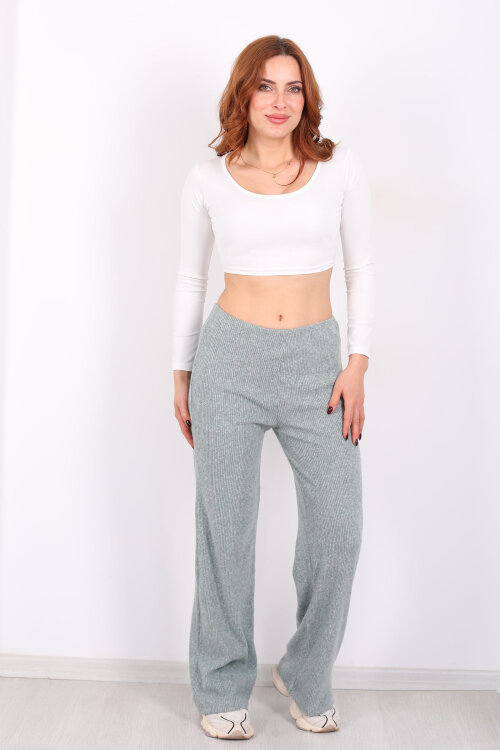 Bol Paça Kadın Haki Örme Pantolon - 4