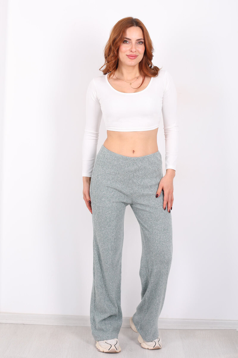 Bol Paça Kadın Haki Örme Pantolon - 4