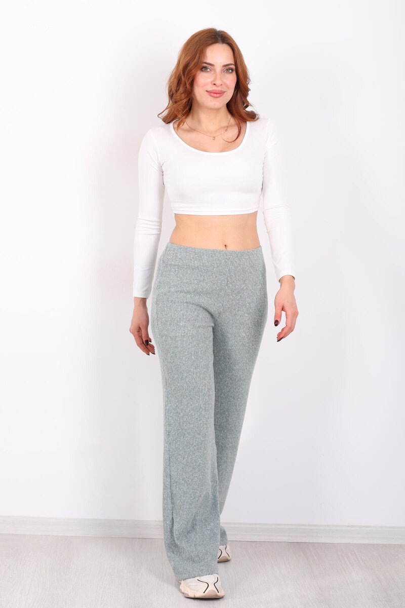 Bol Paça Kadın Haki Örme Pantolon - 1