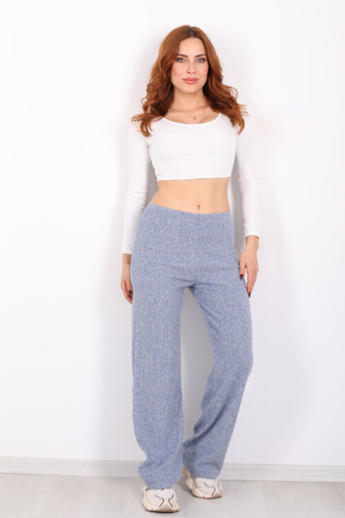 Bol Paça Kadın Mavi Örme Pantolon - 6