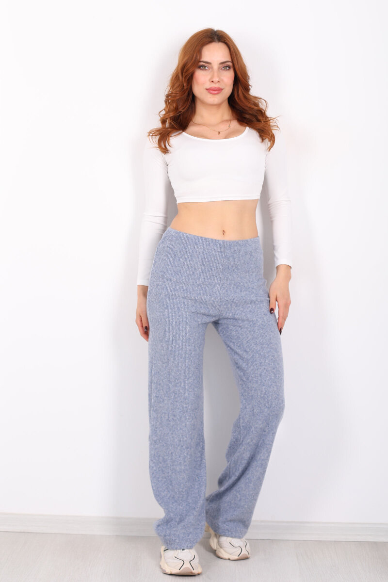 Bol Paça Kadın Mavi Örme Pantolon - 6