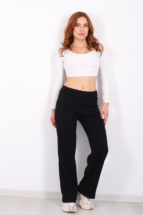 Bol Paça Kadın Siyah Örme Pantolon - 3